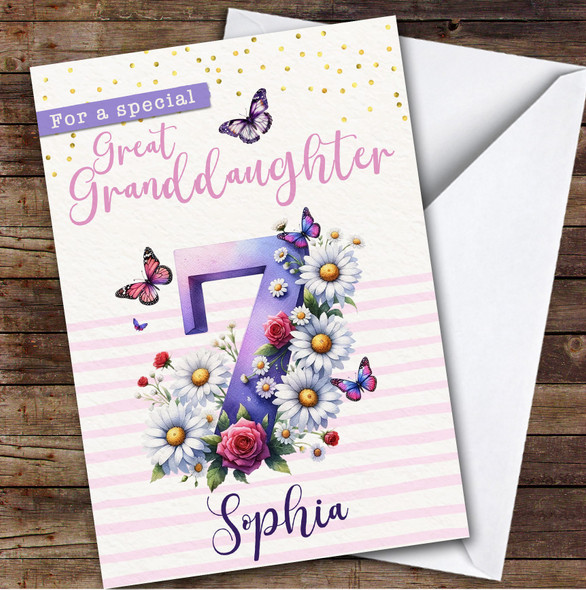 7th Great Granddaughter Purple Floral Butterflies Personalized Birthday Card