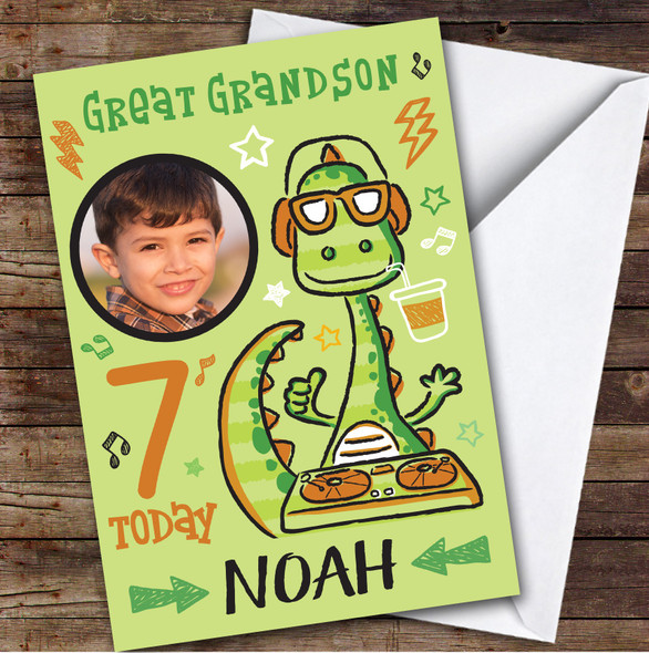 Dinosaur DJ Green Photo Great Grandson 7th Boys Personalized Birthday Card