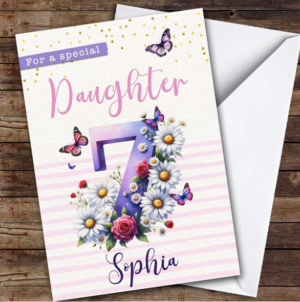 7th Daughter Purple Floral Butterflies Custom Personalized Birthday Card