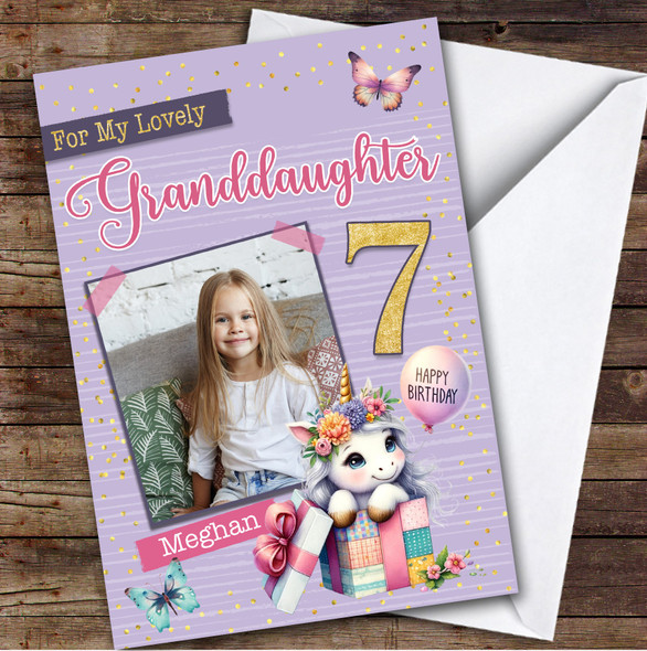 7th Granddaughter Purple Unicorn Photo Custom Personalized Birthday Card