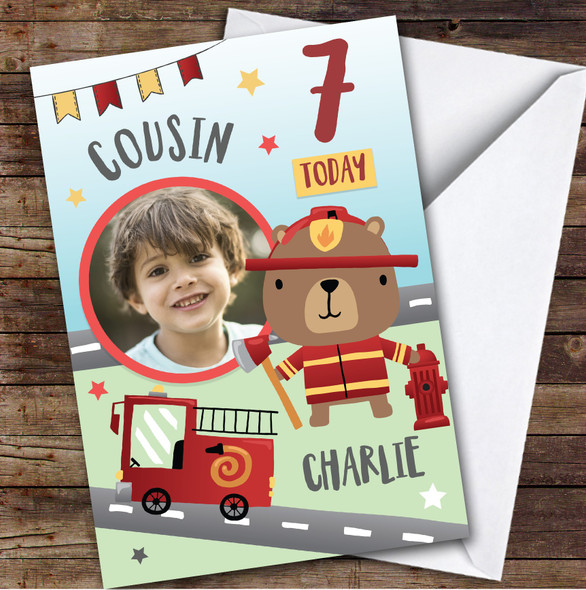 Fireman Bear Photo Cousin 7th Custom Personalized Birthday Card