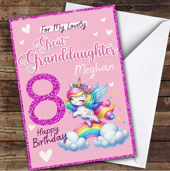 Great Granddaughter 8th Rainbow Unicorn Girls Custom Personalized Birthday Card