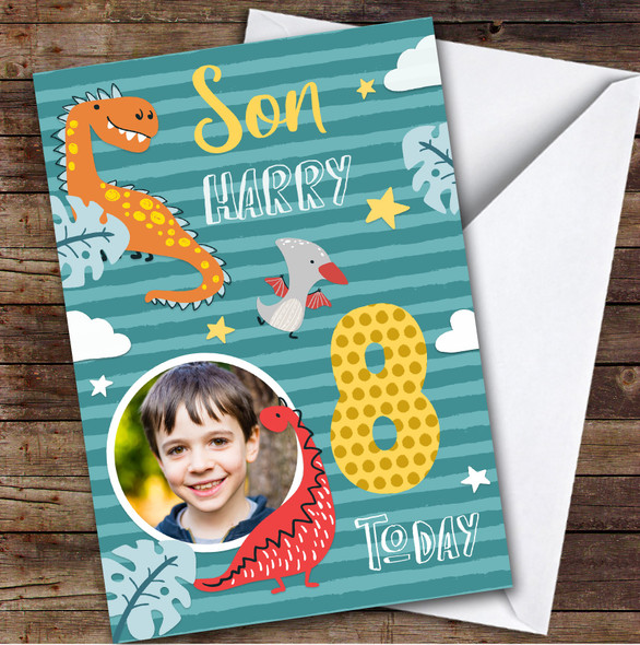 Dinosaur Clouds Photo Son 8th Boys Custom Personalized Birthday Card
