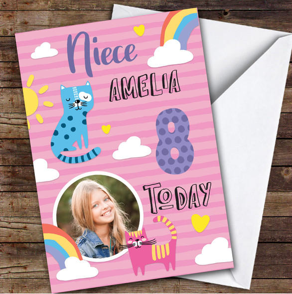 Cat Pink Rainbow Photo Niece 8th Custom Personalized Birthday Card