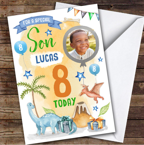 Dinosaur Gift Photo Son 8th Boys Custom Personalized Birthday Card