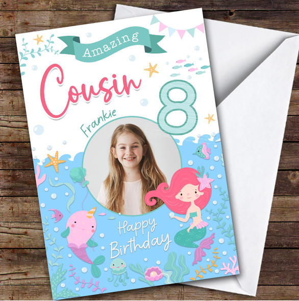 8th Cousin Mermaid Photo Custom Personalized Birthday Card