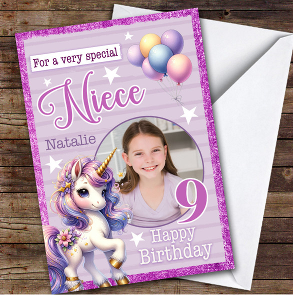 Niece 9th Unicorn Balloons Photo Girls Custom Personalized Birthday Card