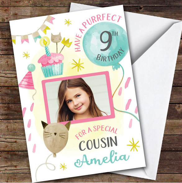 Cat Balloons Cake Photo Cousin 9th Custom Personalized Birthday Card