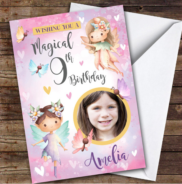 Fairy Girls Pink Purple Photo 9th Custom Personalized Birthday Card