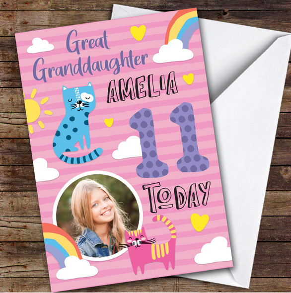 Cat Pink Rainbow Photo Great Granddaughter 11th Personalized Birthday Card