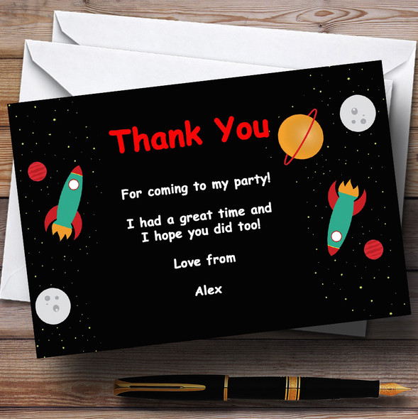 Outer Space Rocket Black Personalized Birthday Party Thank You Cards