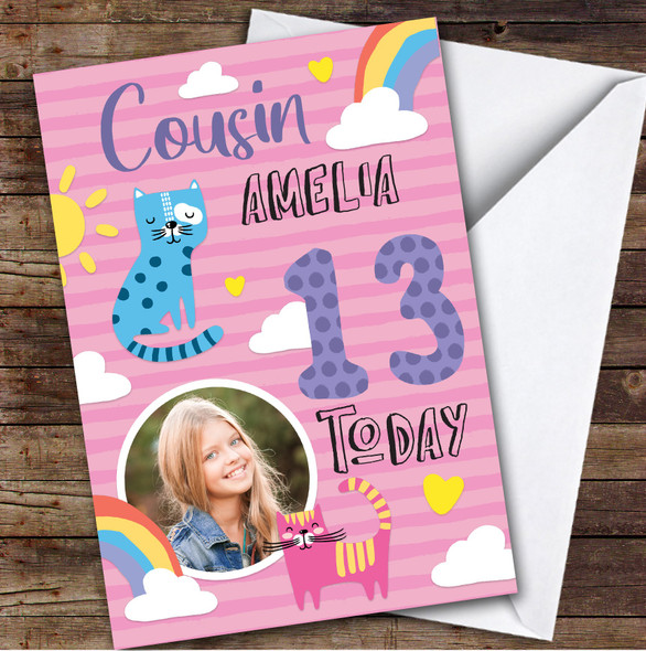Cat Pink Rainbow Photo Cousin 13th Teenager Custom Personalized Birthday Card
