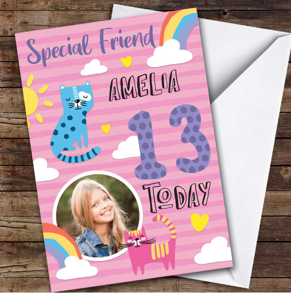 Cat Pink Rainbow Photo Friend 13th Teenager Custom Personalized Birthday Card