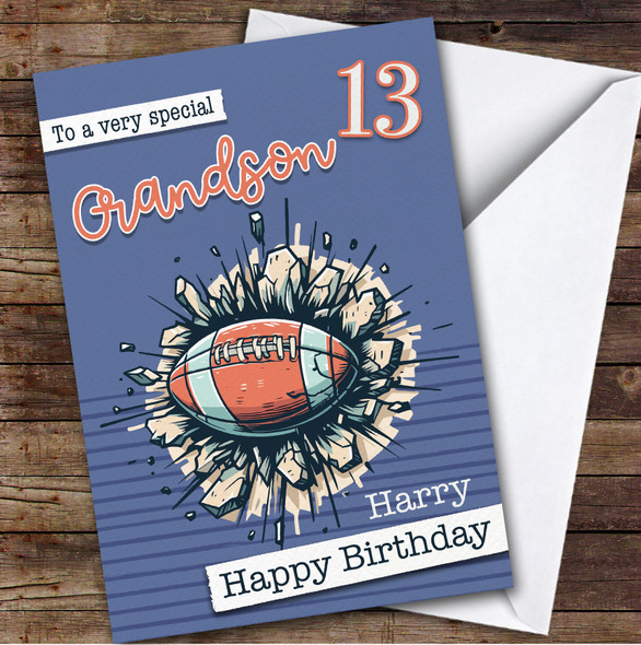 13th Grandson Rugby Ball Teenager Boys Custom Personalized Birthday Card