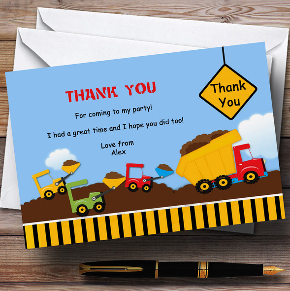 Construction Digger Personalized Birthday Party Thank You Cards