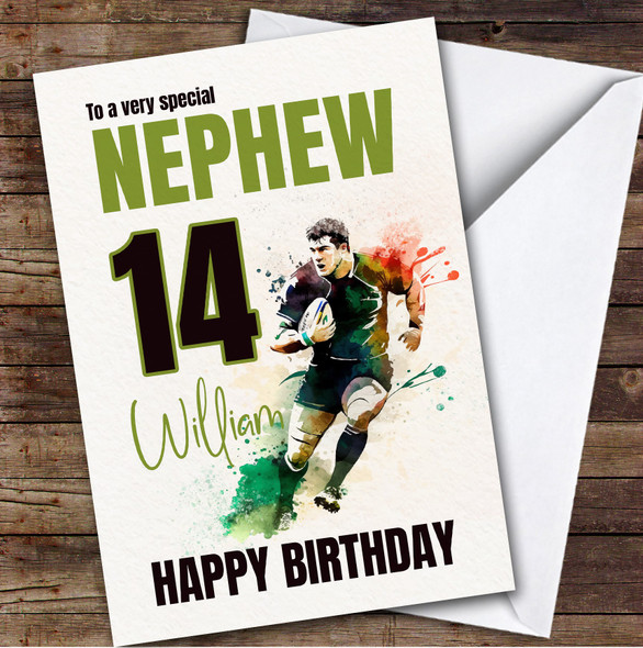 14th Nephew Splash Rugby Player Teenager Boys Custom Personalized Birthday Card