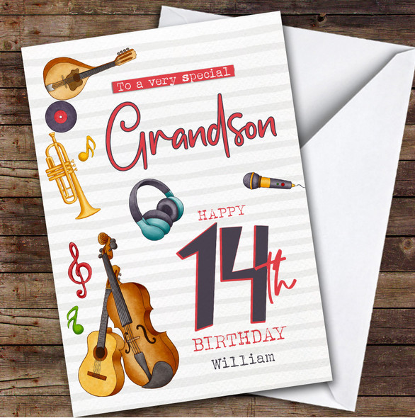 Grandson 14th Music Instruments Teenager Boys Custom Personalized Birthday Card