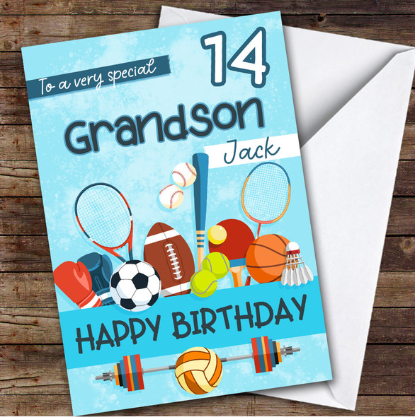 Grandson 14th Sport Equipment Teenager Boys Custom Personalized Birthday Card