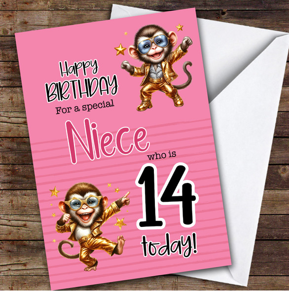 Niece 14th Pink Dancing Monkeys Teenager Custom Personalized Birthday Card