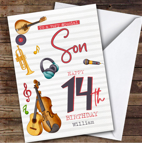 Son 14th Music Instruments Teenager Boys Custom Personalized Birthday Card