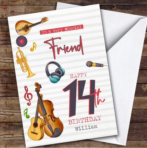 Friend 14th Music Instruments Teenager Custom Personalized Birthday Card