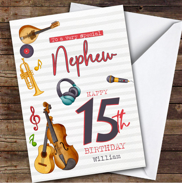 Nephew 15th Music Instruments Teenager Boys Custom Personalized Birthday Card