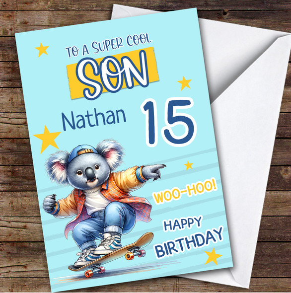 15th Son Skateboarding Koala Teenager Boys Custom Personalized Birthday Card