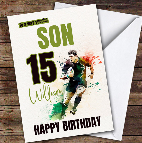 15th Son Splash Rugby Player Teenager Boys Custom Personalized Birthday Card