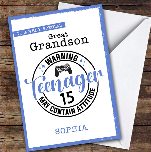 15th Great Grandson Blue Teenager Boys Custom Personalized Birthday Card