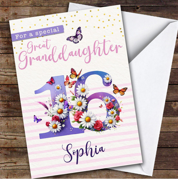 16th Great Granddaughter Purple Butterflies Teenager Personalized Birthday Card