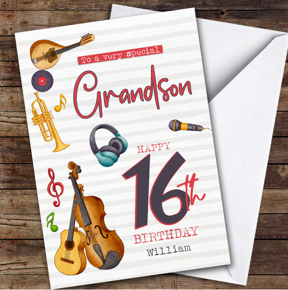Grandson 16th Music Instruments Teenager Boys Custom Personalized Birthday Card
