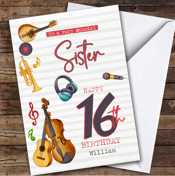 Sister 16th Music Instruments Teenager Custom Personalized Birthday Card