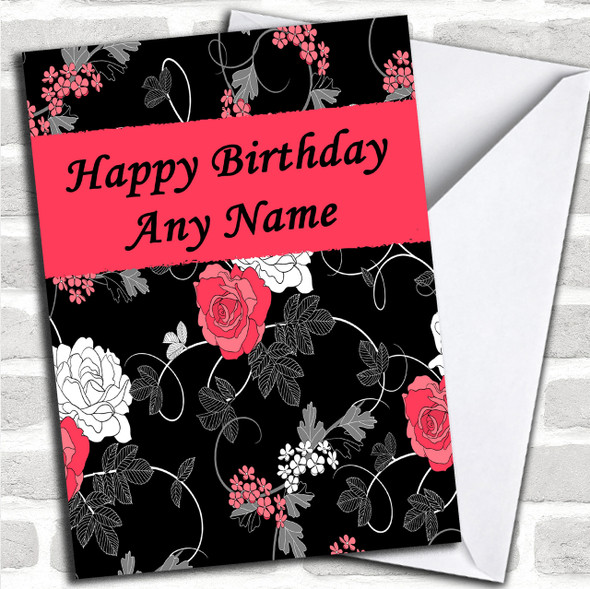 Pretty Black Vintage Floral Personalized Birthday Card