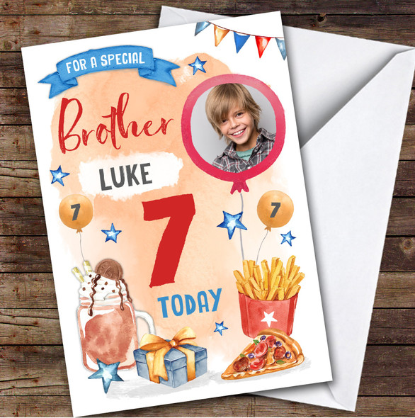 Boy's Pizza Milkshake Food Photo Brother 7th Birthday Personalized Birthday Card
