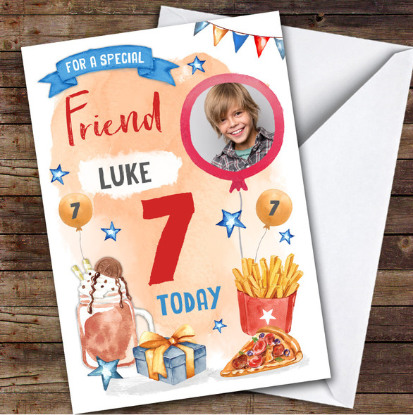 Pizza Milkshake Food Photo Friend 7th Birthday Personalized Birthday Card