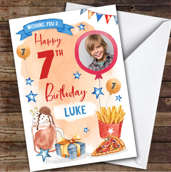 Pizza Milkshake Food Photo 7th Birthday Personalized Birthday Card