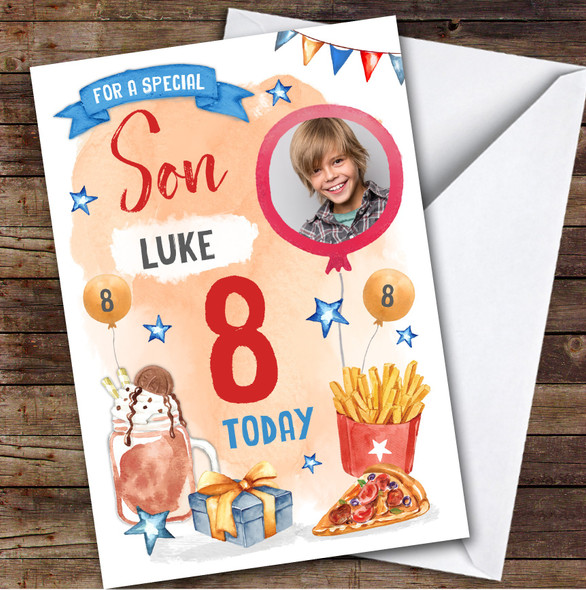 Boy's Pizza Milkshake Food Photo Son 8th Birthday Personalized Birthday Card