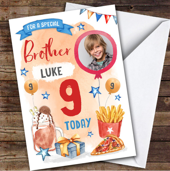 Boy's Pizza Milkshake Food Photo Brother 9th Birthday Personalized Birthday Card