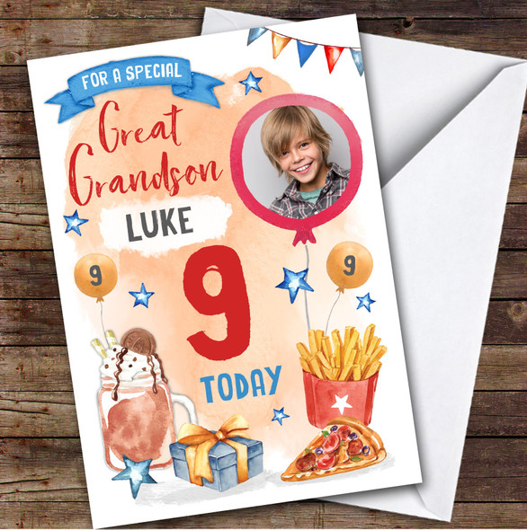 Boy's Pizza Milkshake Food Photo Great Grandson 9th Birthday Personalized Card