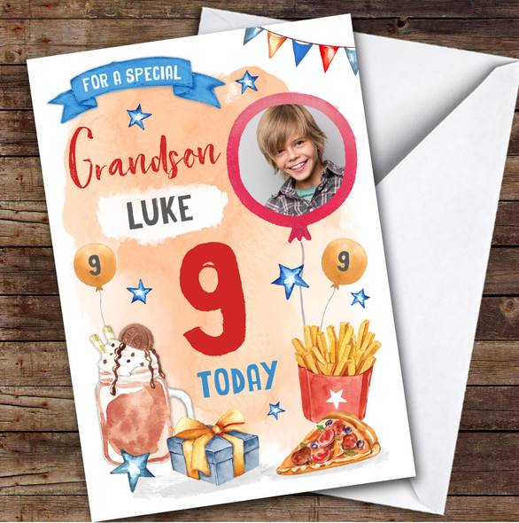 Boy's Pizza Milkshake Food Photo Grandson 9th Birthday Personalized Card