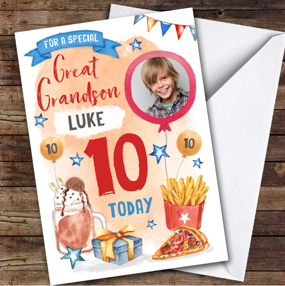 Boy's Pizza Milkshake Food Photo Great Grandson 10th Birthday Personalized Card