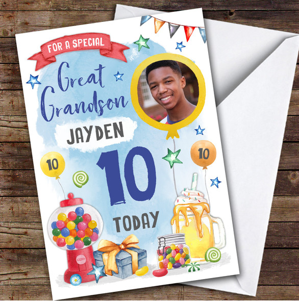 Boy's Sweets Milkshake Photo Great Grandson 10th Birthday Personalized Card