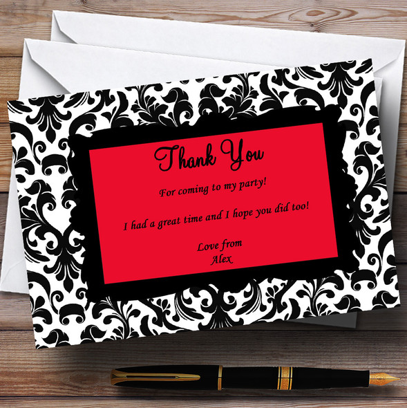 Black & Red Damask Personalized Party Thank You Cards