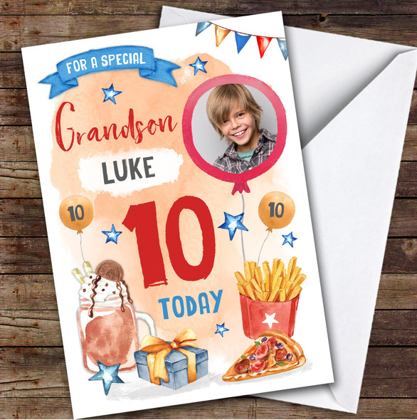 Boy's Pizza Milkshake Food Photo Grandson 10th Birthday Personalized Card