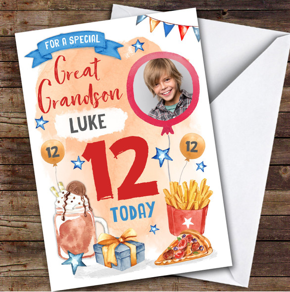 Boy's Pizza Milkshake Food Photo Great Grandson 12th Birthday Personalized Card