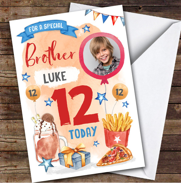 Boy's Pizza Milkshake Food Photo Brother 12th Birthday Personalized Card
