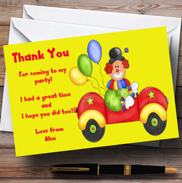 Yellow Clown In Car Personalized Children's Party Thank You Cards