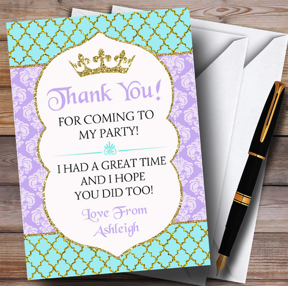 Blue Purple & Gold Princess Royal Party Thank You Cards