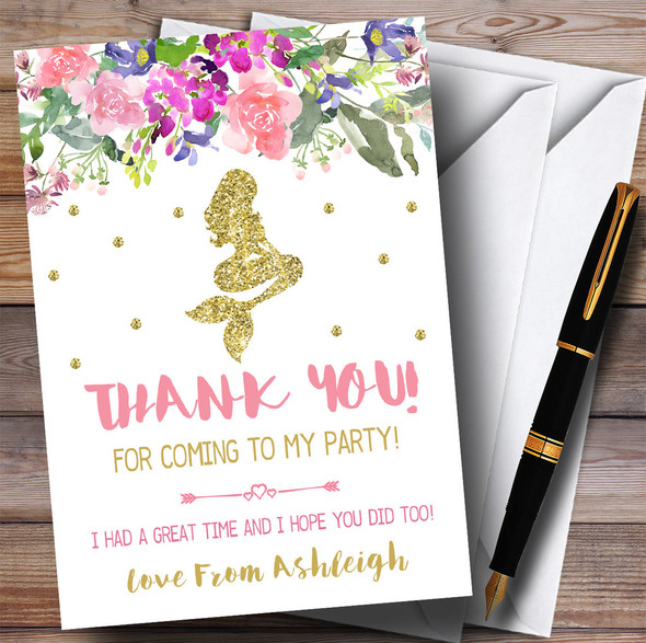 Floral Gold Mermaid Party Thank You Cards