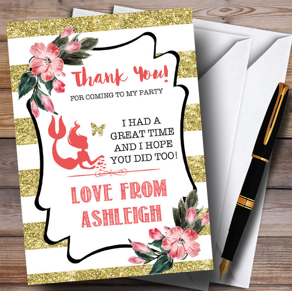 Gold Stripes Mermaid Party Thank You Cards